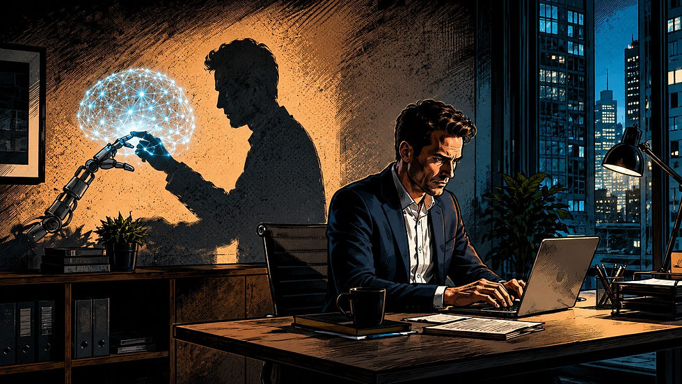 Mann am Notebook mit Schatten, der Daten an eine KI übergibt.