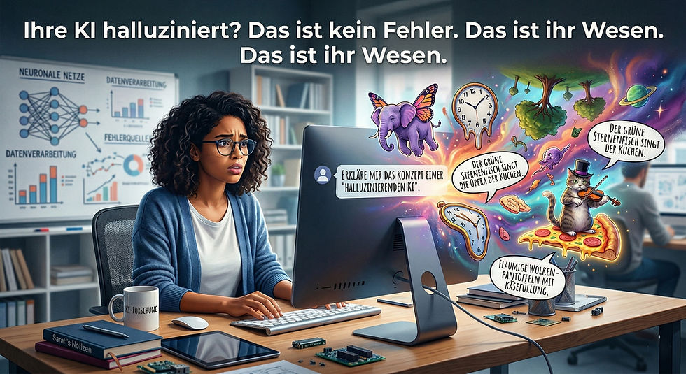 Frau vor einem Notebook mit KI Halluzination